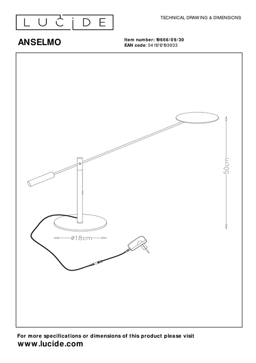 Lucide ANSELMO - Schreibtischlampe - Ø 18 cm - LED Dim. - 1x9W 3000K - Schwarz - technisch